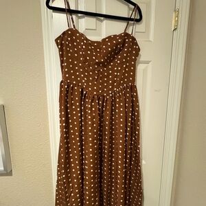 Wink Strapless Brown and White Polka Dot Midi Dress